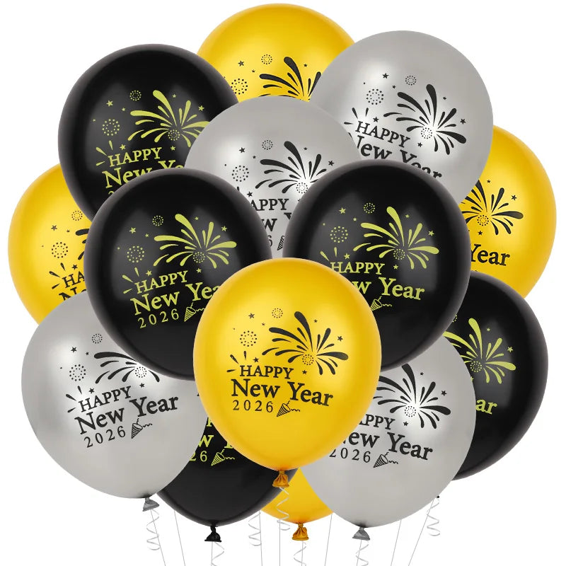 15Pcs Gold Black Happy New Year 2026 Latex Balloons For New Year Eve Party Decoration Favors 12Inch Christmas Balloon Supplies