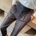 British Style Fall New High Waist Dress Pants Men Belt Design Stripes Slim Suit Pants Formal Wedding Social Party Male Trousers