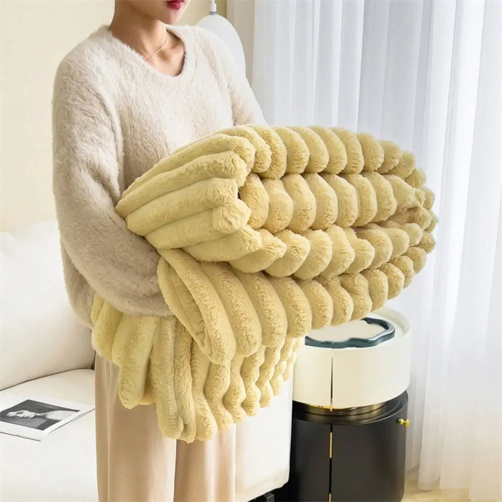 Ultra Soft Faux Rabbit Fur Throw Blanket Warm Plush Striped Blankets Conditioning Quilt Fluffy Throws for Couch Chair Sofa - Free Items Weekend (50% off)