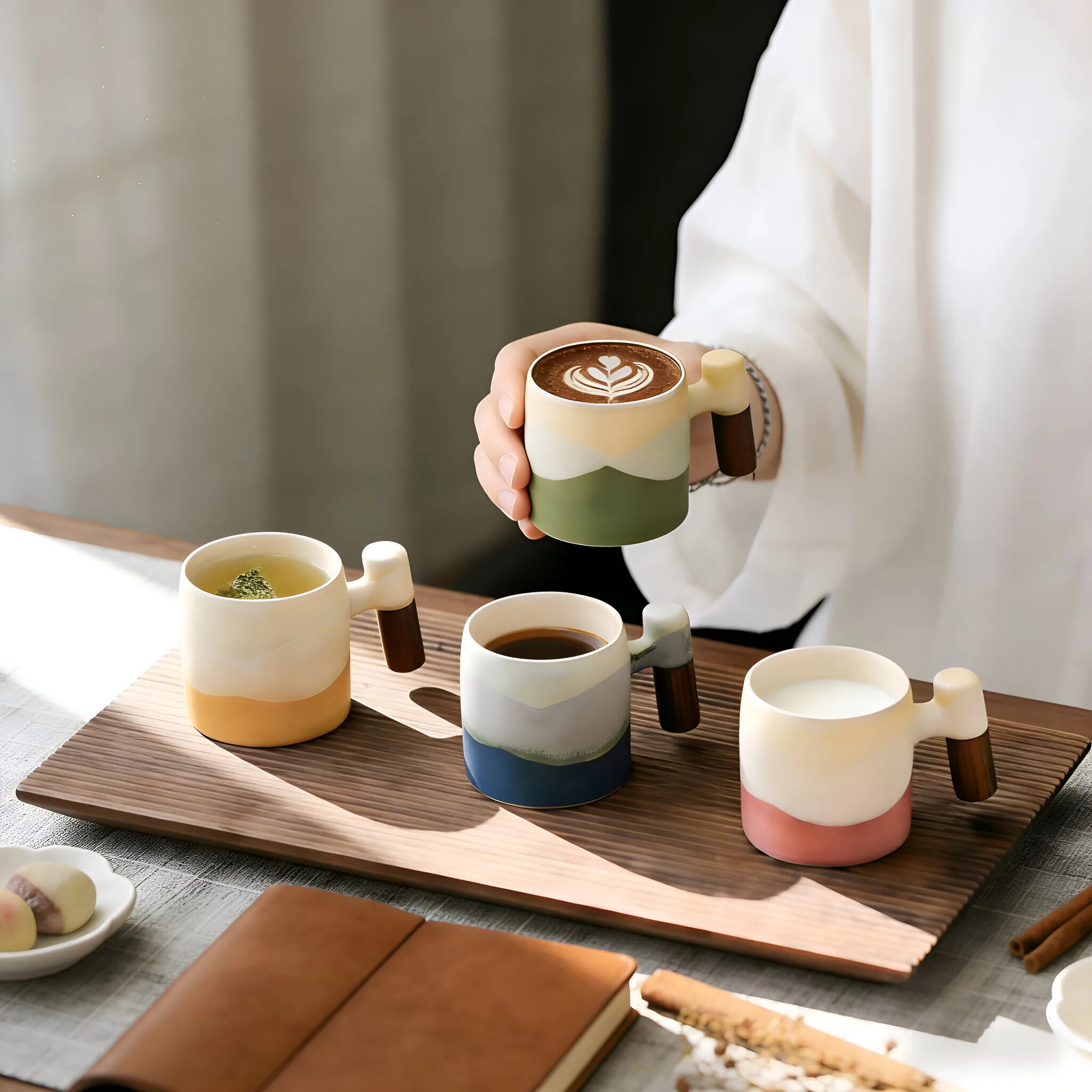 70ml Ceramic Coffee Cup with Wooden Handle - Vintage Kiln-Fired Style, Reusable, Hand Wash Only, Suitable for Office and Home Use, Perfect Birthday Gift, Coffee Bar Accessory, Espresso Cup, Coffee Mug