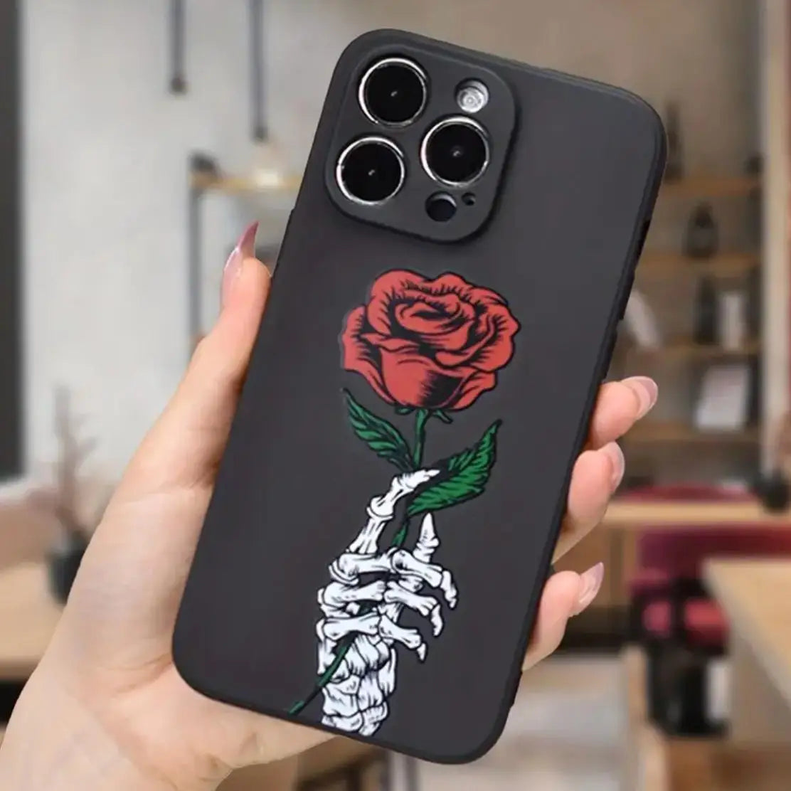 for IPhone 16 Pro Max 15 Pro 14Plus 13 12 Rose & Skeleton Pattern Phone Case Wear-resistant Anti-fall Decorative Compatible with