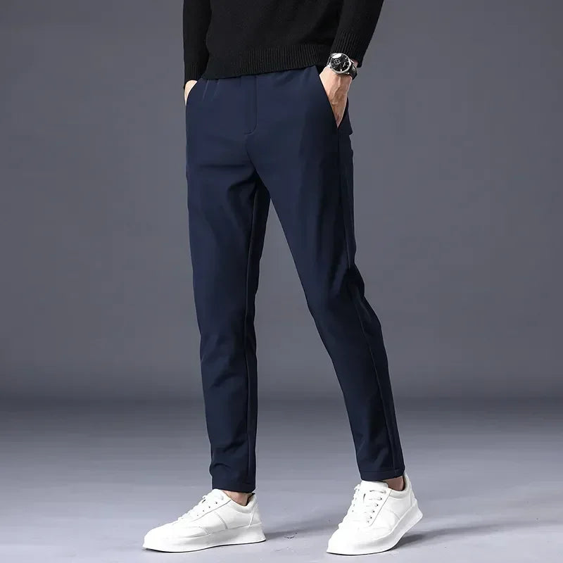 Spring Summer Thin Men's Business Casual Pants High Elastic Jogger Slim Straight Korean Brand Trousers Clothes Black Gray Blue - Free Items Weekend. (50% off).