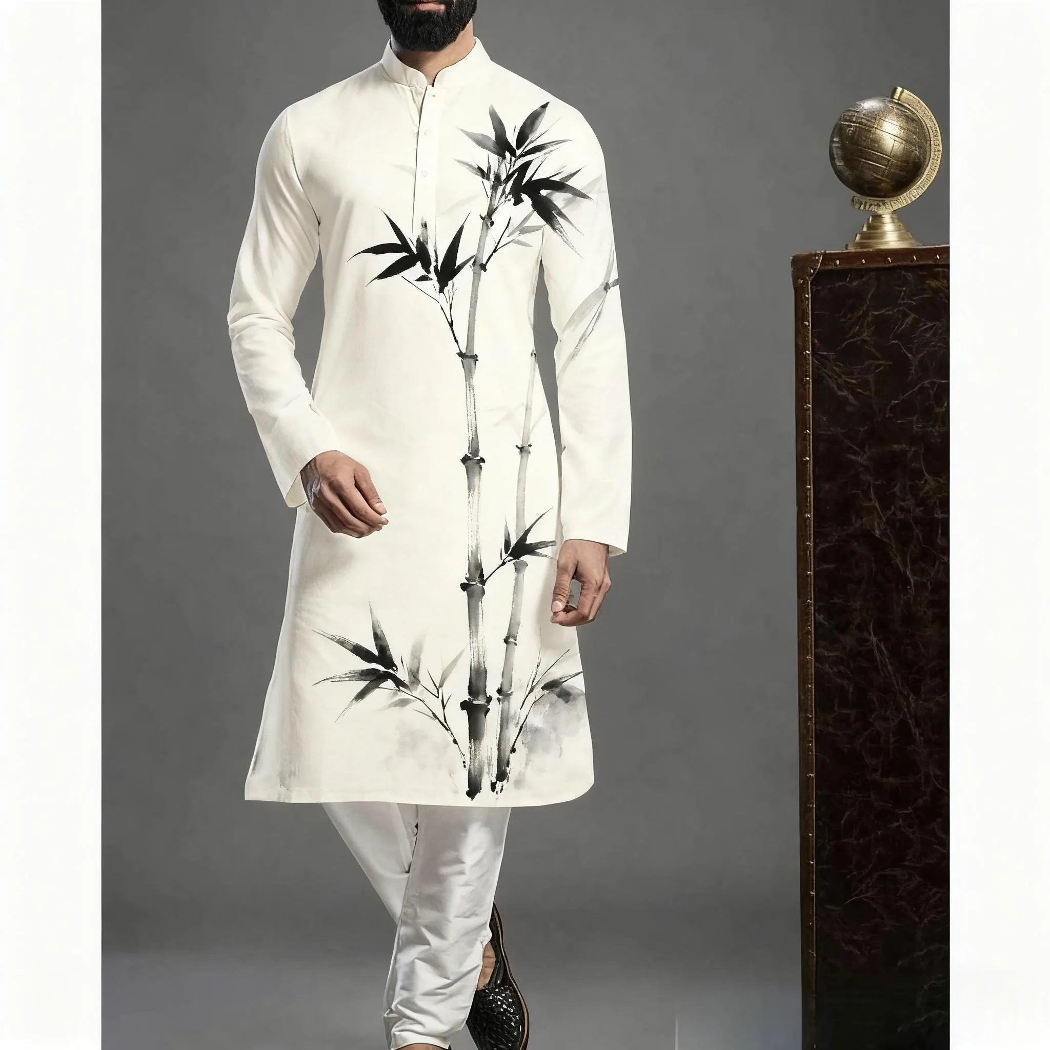 Muslim Kurtta Shirt Men Clothes Folk Kaftan Musulman Kurta Indian Islamic Clothing National Printed Long Sleeve Shirts
