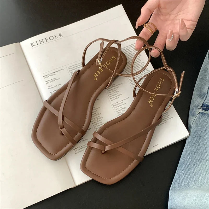 Summer Gladiator Women Sandals Fashion Elegant Narrow Band Clip Toe Shoes Ladies Comfort Flats Beach Sandalias