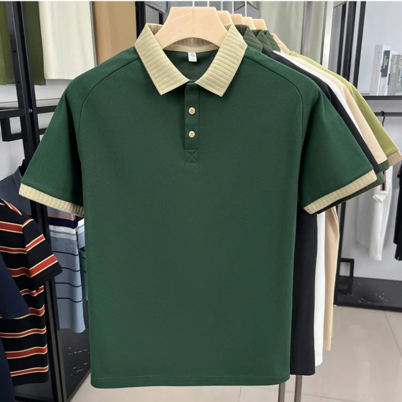 New 2025 Men's ort Sve  irt Casual Pure Color Versatile Busin Turn Collar Top Paul Sle Printed Polyester Fiber