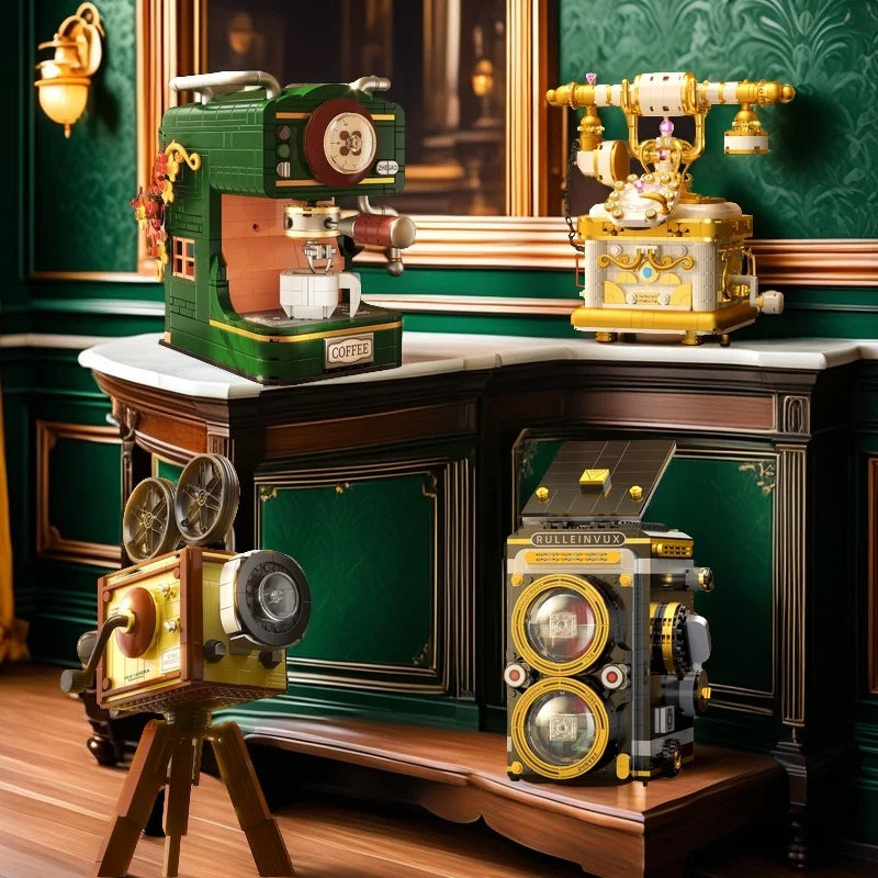 Retro camera, nostalgic coffee machine, telephone, building block model, creative assembly toy, desktop decoration, gift