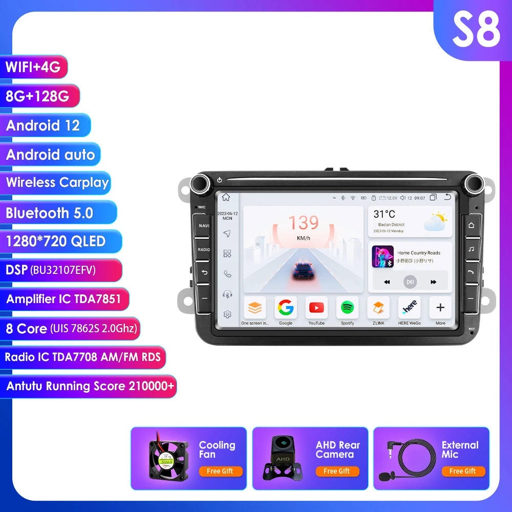 Hizpo 2Din 8'' Carplay 4G AI Systems Android 14 Car Radio forVolkswagen Golf 5 6 Polo Passat B6 B7 CC Skoda Jetta  Autoradio