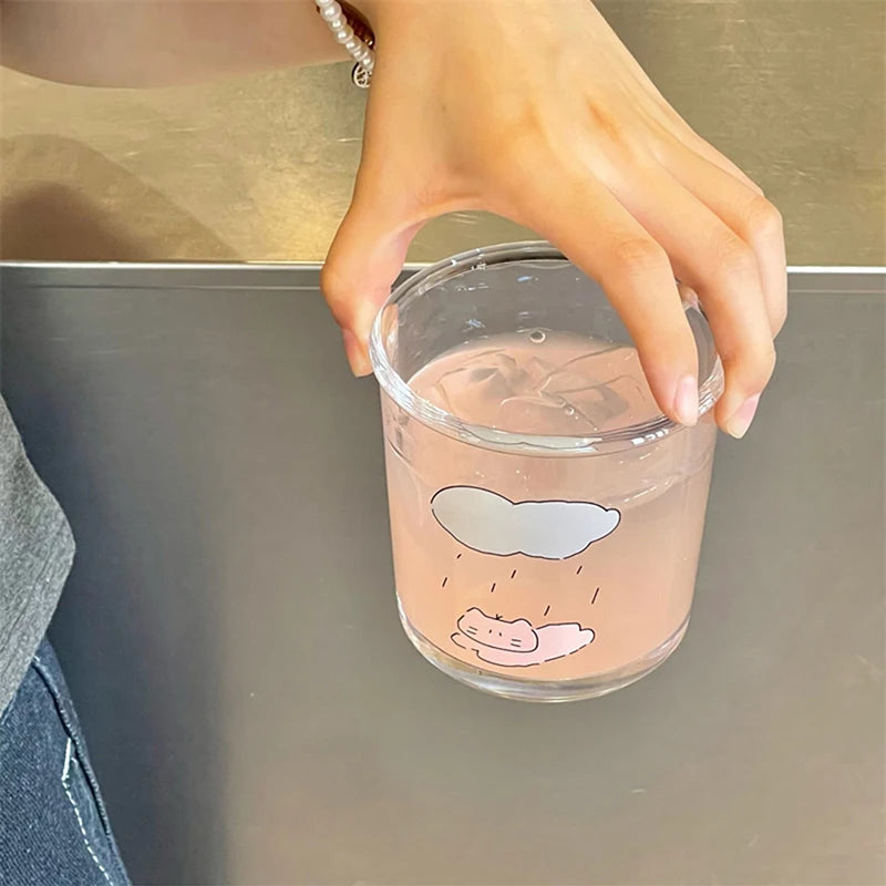 Kawaii Glass Cups Tumbler Iced Coffee Cup Aesthetic Cute Cat Korean Drinking Glasses Cups For Juice Beer Milk Tea Wine 400ml