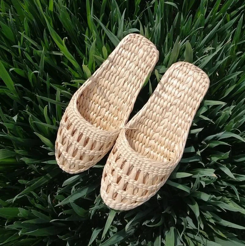 Unisex Hemp Slides Cut-Outs Grass Weaving Shoes Round Toe Novetly Hand-Made Massage Slippers Straw Natural Beige Wide Feet 44-3