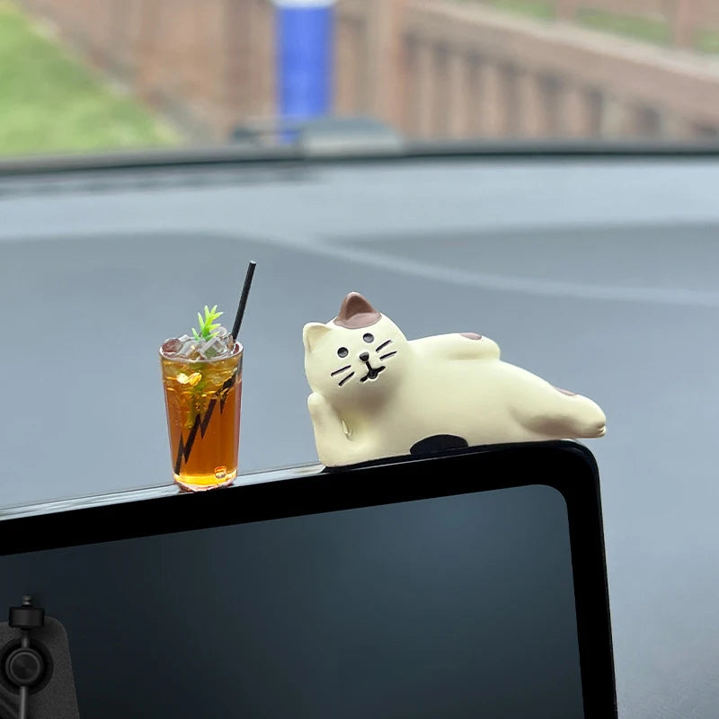 Auto Interior DIY Mini Cat Lemon Tea Coffee Scene Car Dashboard Ornaments Accessory