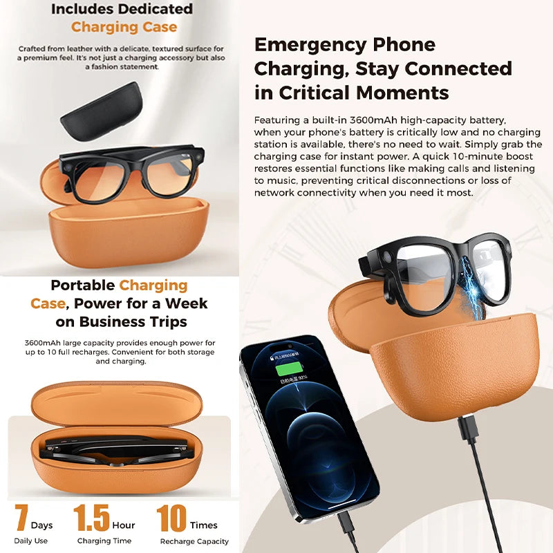 AI Smart Glasses 800W Pixel Camera Translation AI Voice Anti-Shake Video Record Dual Speaker Charging Case BT Call Smart Glasses