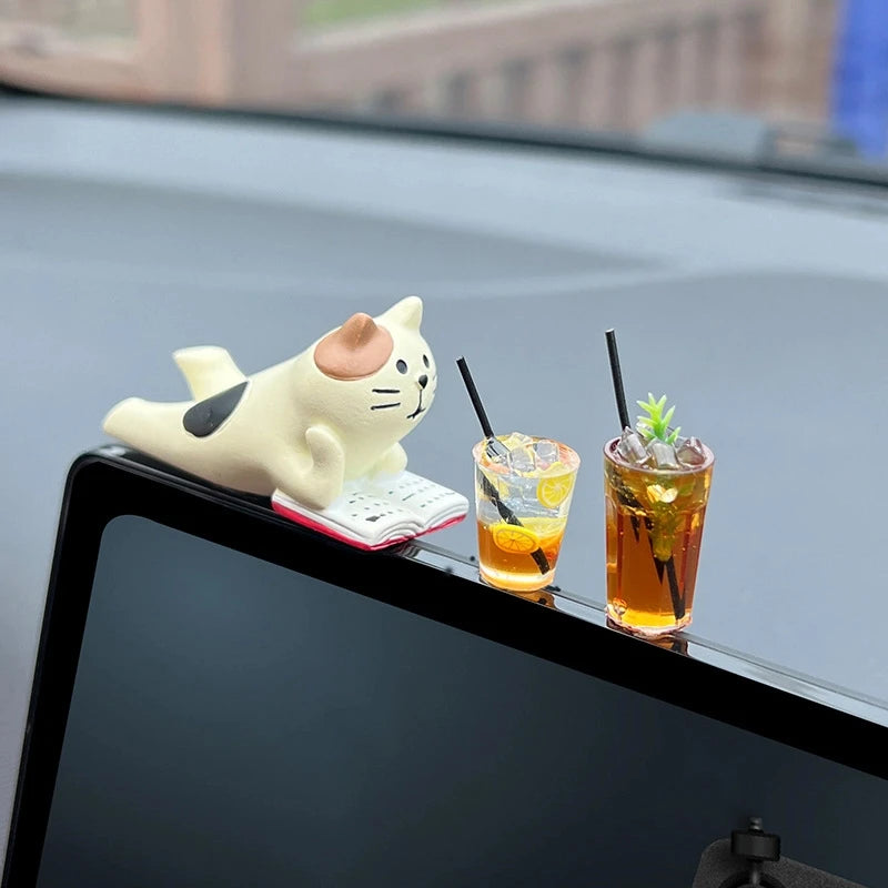 Auto Interior DIY Mini Cat Lemon Tea Coffee Scene Car Dashboard Ornaments Accessory