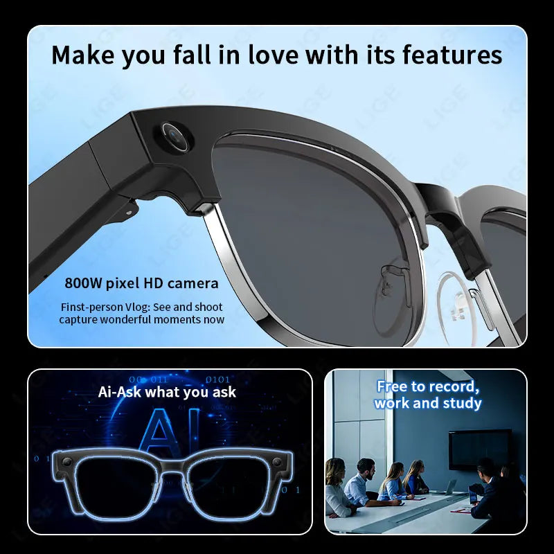 AI Smart Glasses 8 Million Pixels Recording Videos Photo Recognition Answer Translation 290mAh IP66 Waterproof Bluetooth Glasses