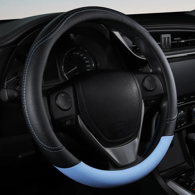PU Leather Contrast Colour Car Steering Wheel Cover  Sweat Absorbent, Wear Resistant and Non-slip, Universal in All Seasons - Free Item