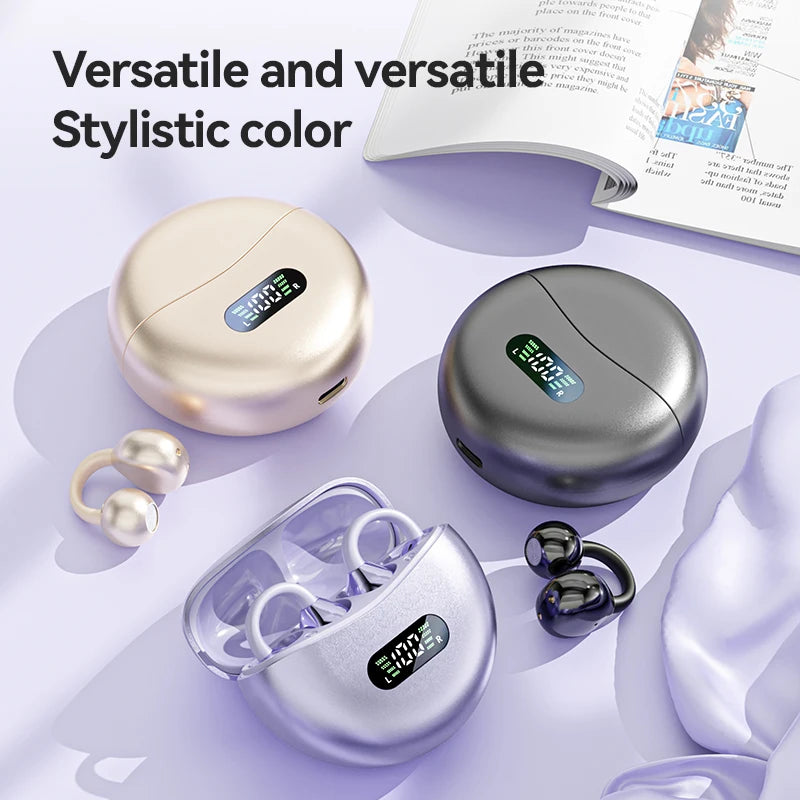 Wireless Bone Conduction HIFI Bluetooth 5.4 Earbuds Clip On Ear With Mic Digital Display Waterproof Sport Headsets 2025