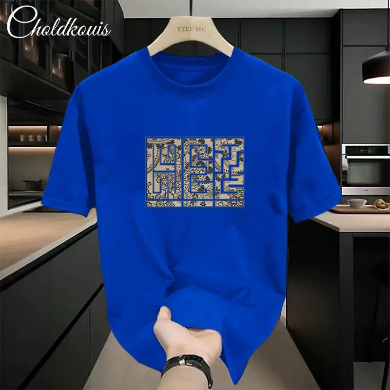 New Summer Luxury Man Casual Cotton 100% Tops for Men O-Neck Loose Printed White T-Shirts 200g Short Sleeved T-shirt for Men