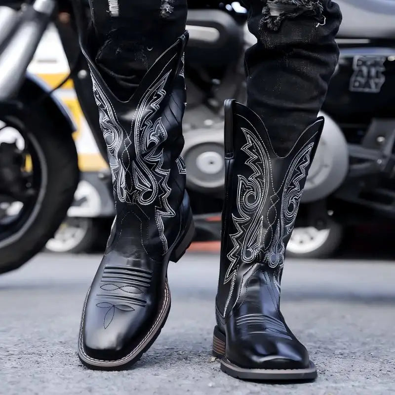 Men High Top Boots PU Low Heel Fashionable Retro Embroidery Classic Western Denim Men Boots