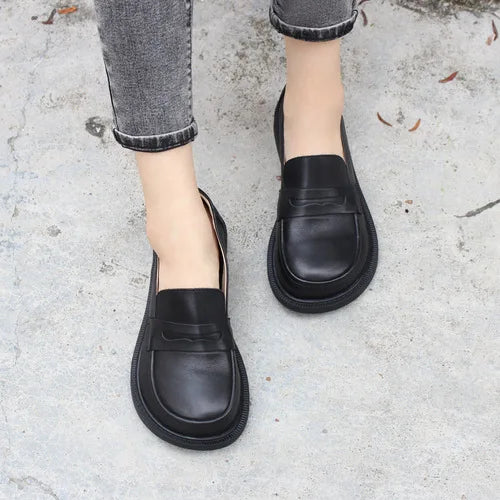 Large Head Genuine Leather Shoes Retro Large   Toe Cow Leather Women's Shoes Lefu Shoes