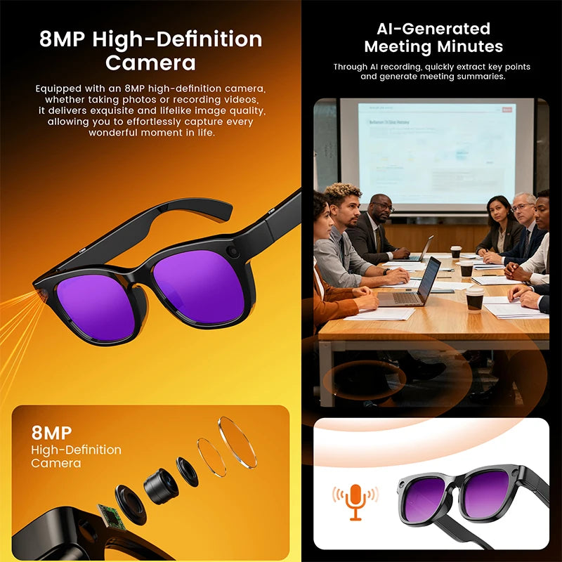 4k HD AI Smart Glasses Wearable 800W Camera Take Photo Video Bluetooth Call Voice Assistant Control Smart Sports ChatGPT Glasses