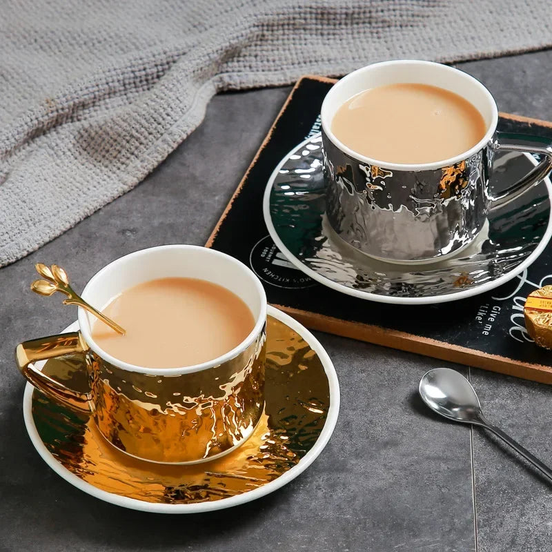 European luxury gold and silver embossed ceramic coffee cups and saucers Office milk scented tea golden coffee cups