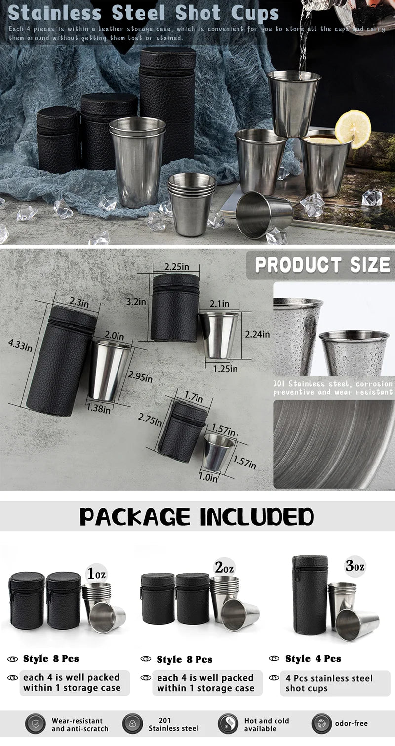 Outdoor camping -4-piece set of stainless steel mini whiskey glasses, portable black leather bag, 30ml/70ml/160ml