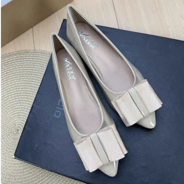 Women Shiny Leather Pointy Tip Slip-On Orange Green Flat Shoes Leathers Low Top Chaussures Bow 34 48 Skinny Shoes For Slim Feet
