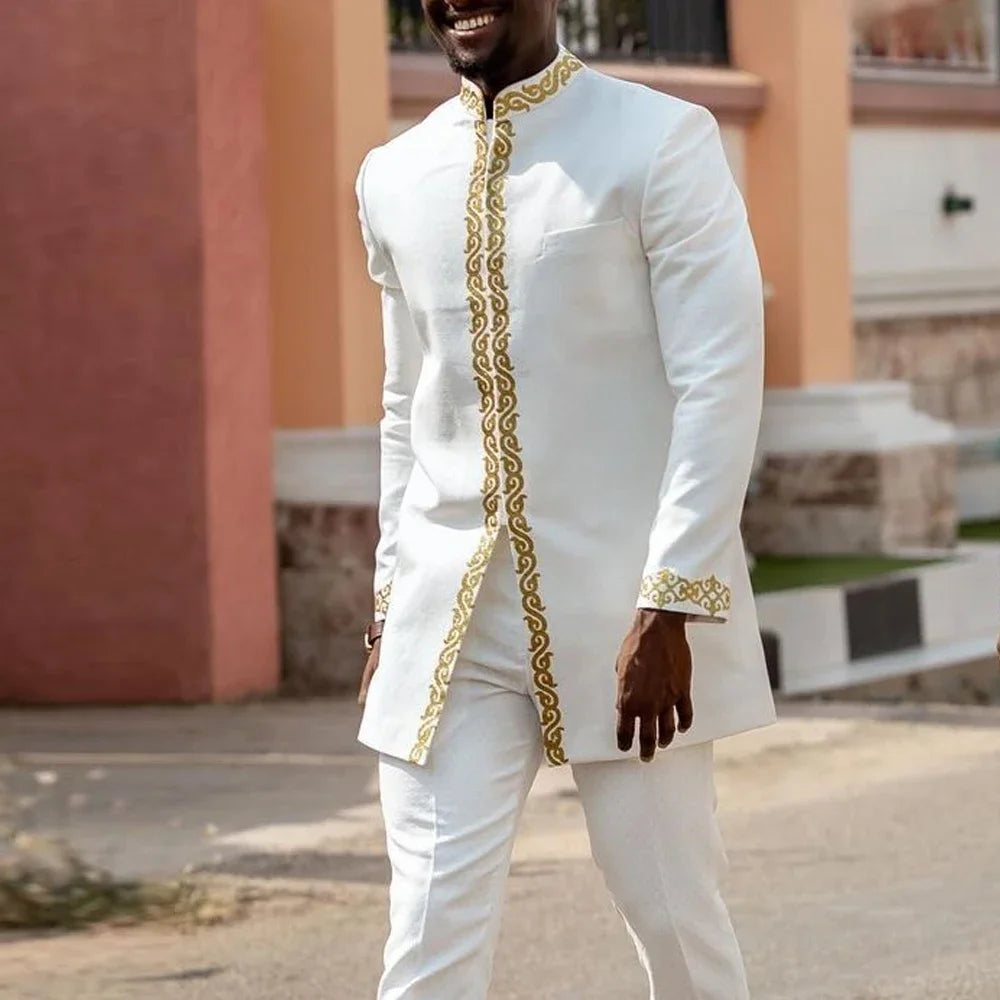 Kaftan Men's Suit African Ethnic Style Long Sleeve Solid Color Casual Suit Men's Traditional Clothing 2-piece Suit