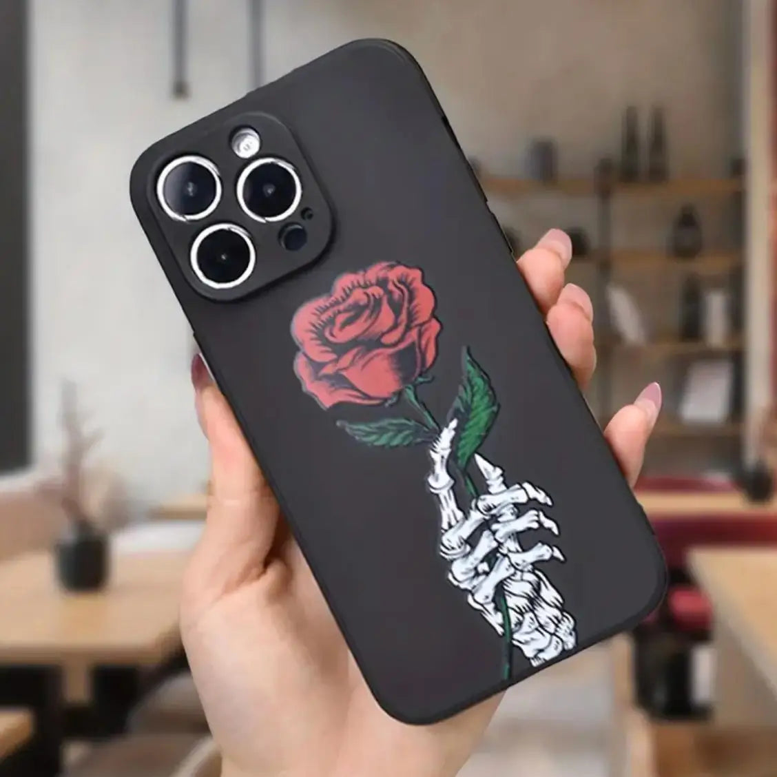 for IPhone 16 Pro Max 15 Pro 14Plus 13 12 Rose & Skeleton Pattern Phone Case Wear-resistant Anti-fall Decorative Compatible with