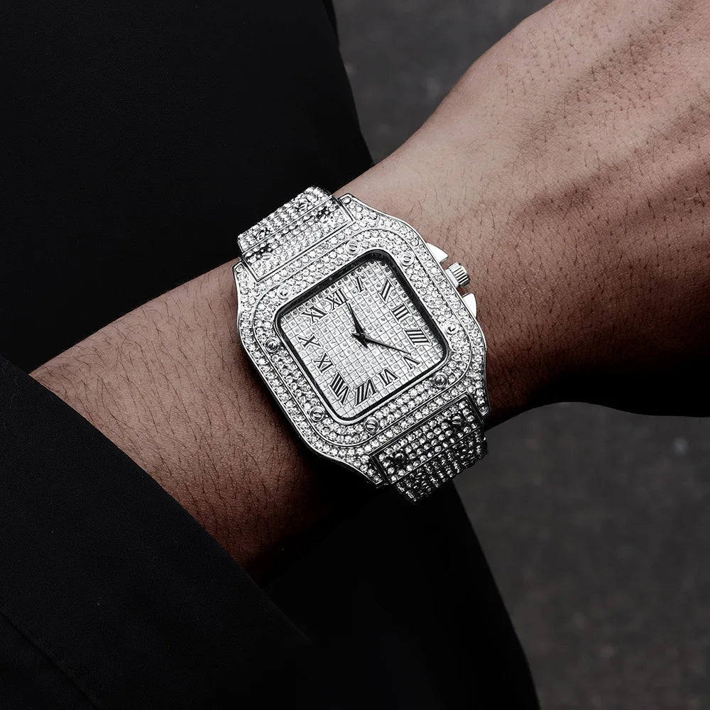 Classic Luxury Business Men's Steel Strap Square Roman Scale Rhinestone Quartz Watch Lesiure Male Wristwatch Relogio Masculino