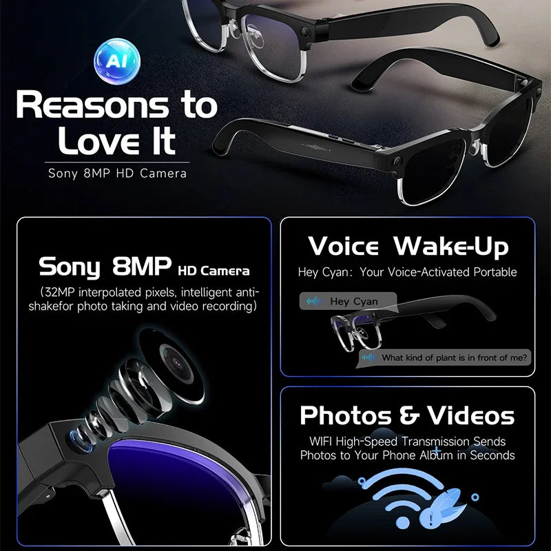 2026 New Al Smart Photo Glasses 800W Camera anti-shake HD Video Recording Translation Voice Assistant Music BTCall Smart Glasses