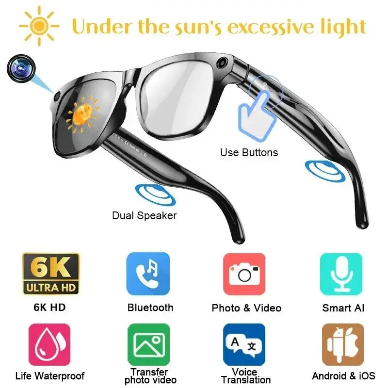 8K AI Smart Glasses with 100MP Camera, Bluetooth Call, Music Player, Touch Control Sport Sunglasses for Men and Women