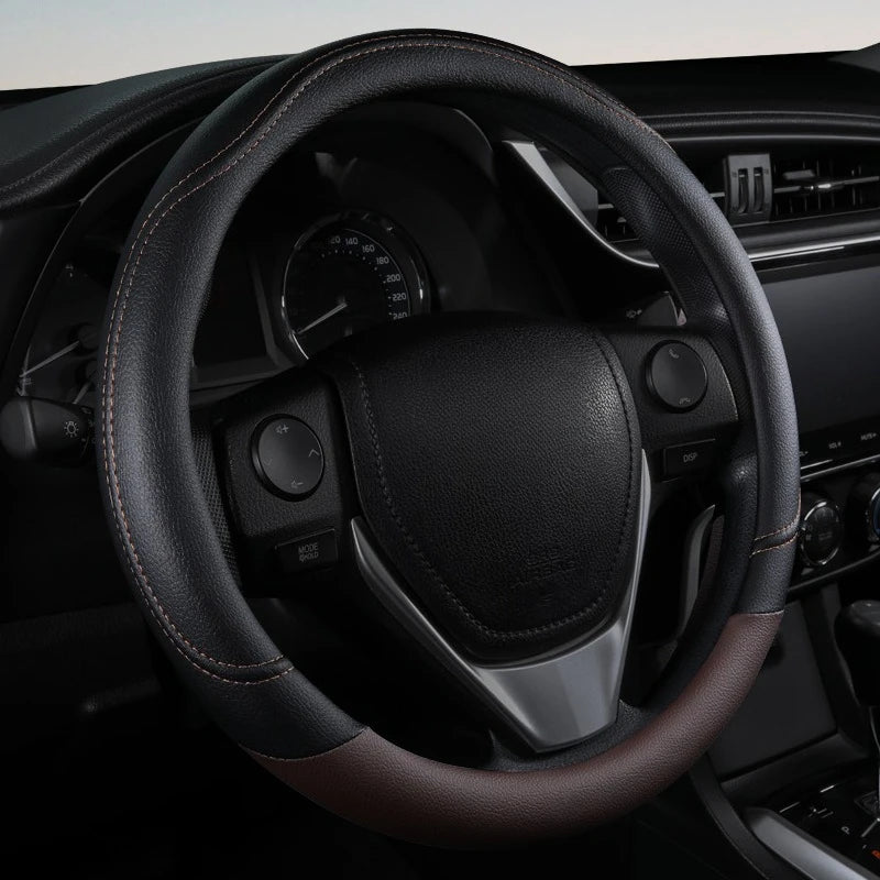 PU Leather Contrast Colour Car Steering Wheel Cover  Sweat Absorbent, Wear Resistant and Non-slip, Universal in All Seasons - Free Item