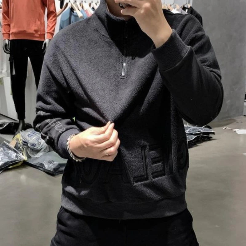 Half Zip Pullover Male Clothes Sweatshirt for Men Hoodieless Slim Fit Top Y2k Vintage 90s No Brand Emo Autumn S Winter Cotton