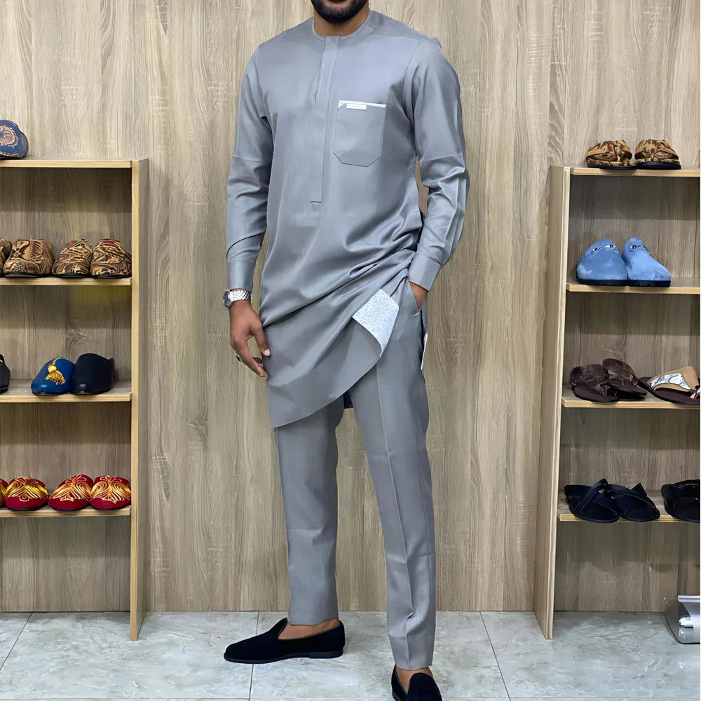 Kaftan Men's Suit African Ethnic Style Long Sleeve Solid Color Casual Suit Men's Traditional Clothing 2-piece Suit