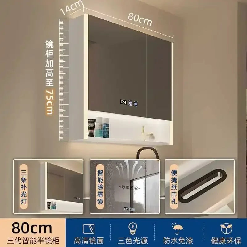 Smart Bathroom Cabinets Makeup Mirror Storage Cabinet LED Light Wall Mirror Cabinet with Time Digital Display Bathroom Furniture