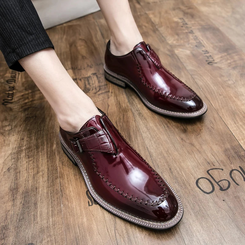 Red Men's Banquet Dress Shoes Luxurious Glossy PU Fashion Designer Leather Shoes Men's Commuting Wooden Heel Black Leather Shoes