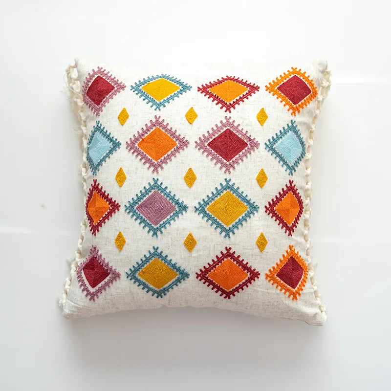 Nordic Ethnic Style Cushion Cover Cotton Moroccan Handmade Embroidery Cotton Tassel Throw Pillow Cover Living Room Home Decor