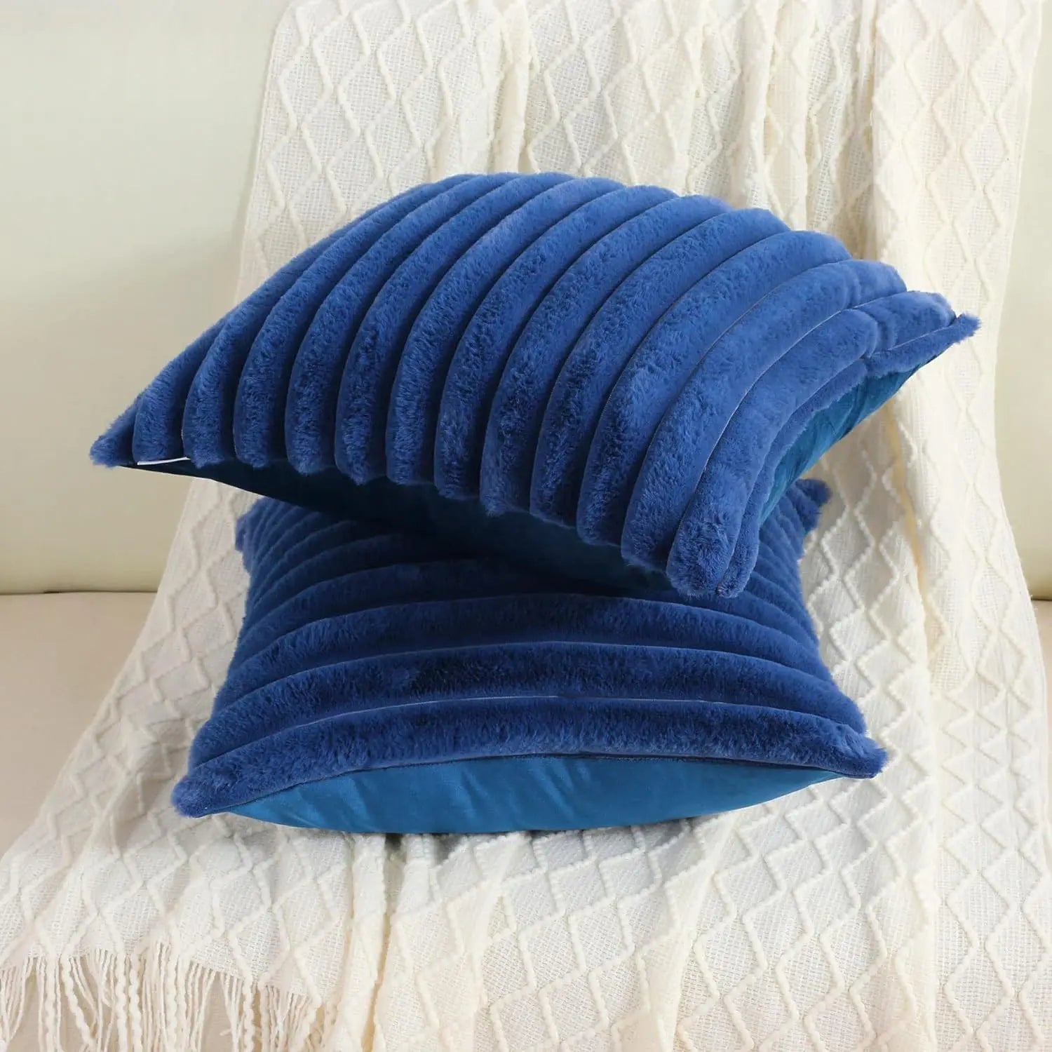 Faux Rabbit Fur Square Cushion Cover Big Thick Striped Super Soft Solid Color Pillow Cover 24×24inch Sofa Decor Cushion Covers