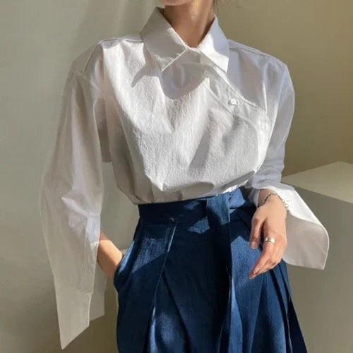 Neploe Korean Irregular Collar Design Long Sleeve Blouse Women Hit Color Striped Patchwork Loose Blusas Spring 2025 New Shirt