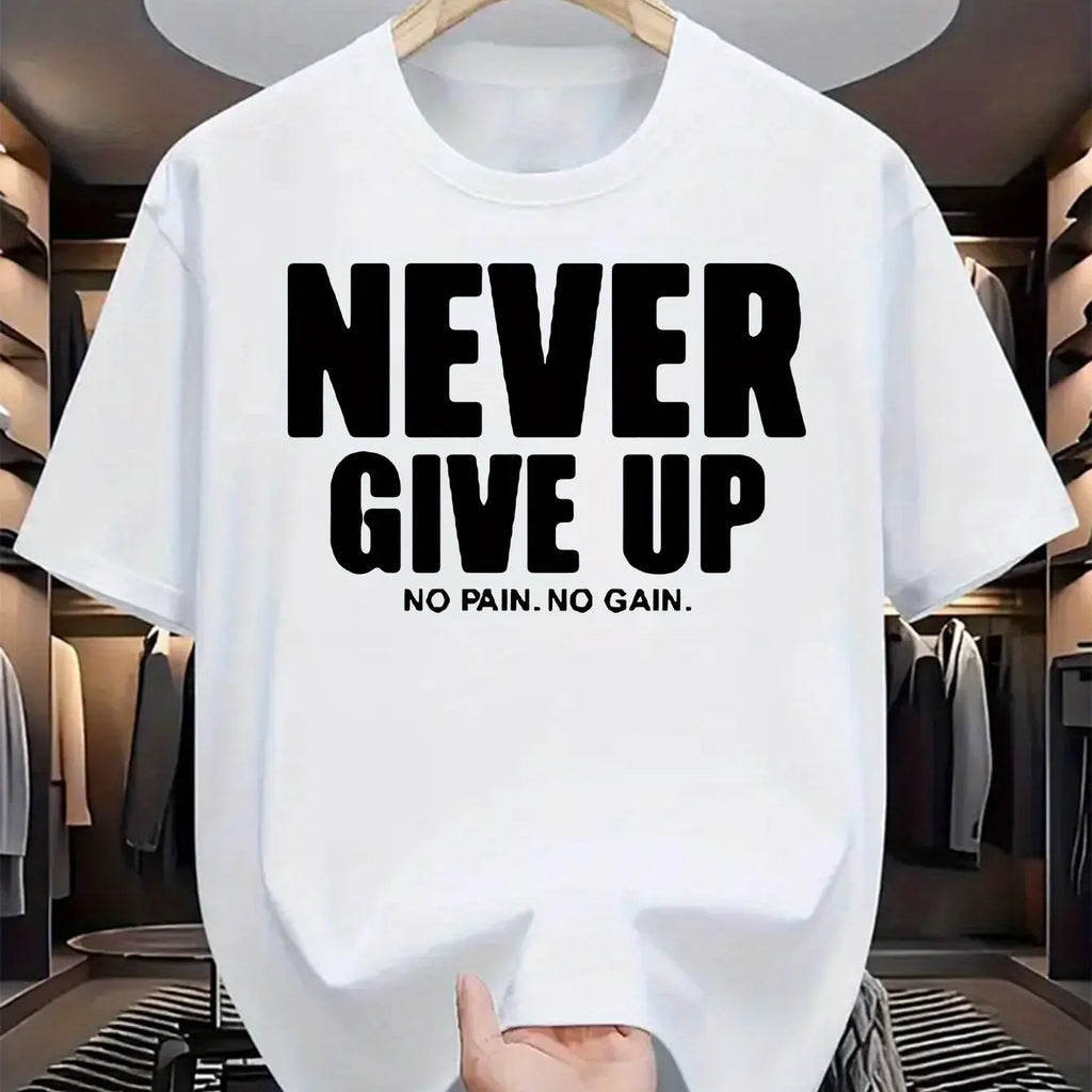 Men's 100% pure cotton fashionable casual loose sports never give up letter pattern printed round neck short sleeved T-shirt top