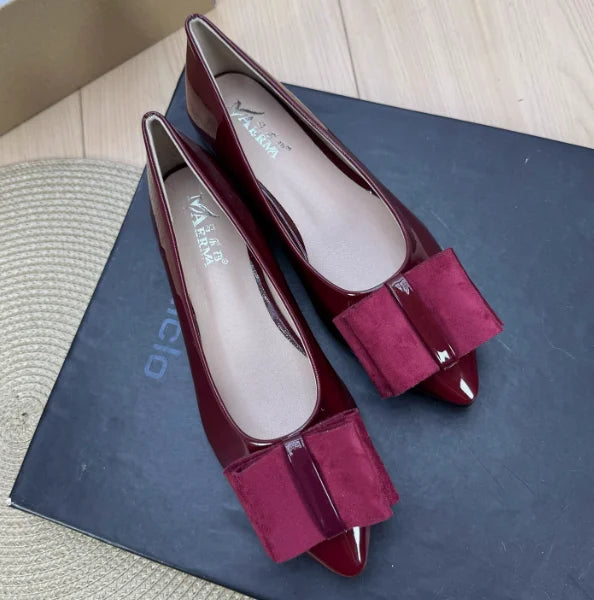 Women Shiny Leather Pointy Tip Slip-On Orange Green Flat Shoes Leathers Low Top Chaussures Bow 34 48 Skinny Shoes For Slim Feet