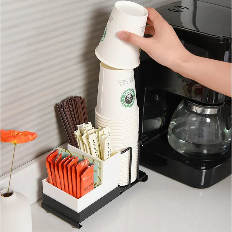 Coffee Tea Bag and Sugar Storage Box - Kitchen Organizer for Milk Packets with Disposable Cup Holder for Bar Counter