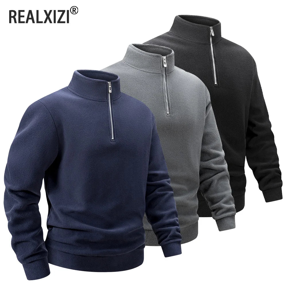 Men's Fleece Half Zipper Hoodie Autumn Winter Casual Stand Collar Pullover Soft Warm Windproof Long Sleeve Sweatshirt Streetwear