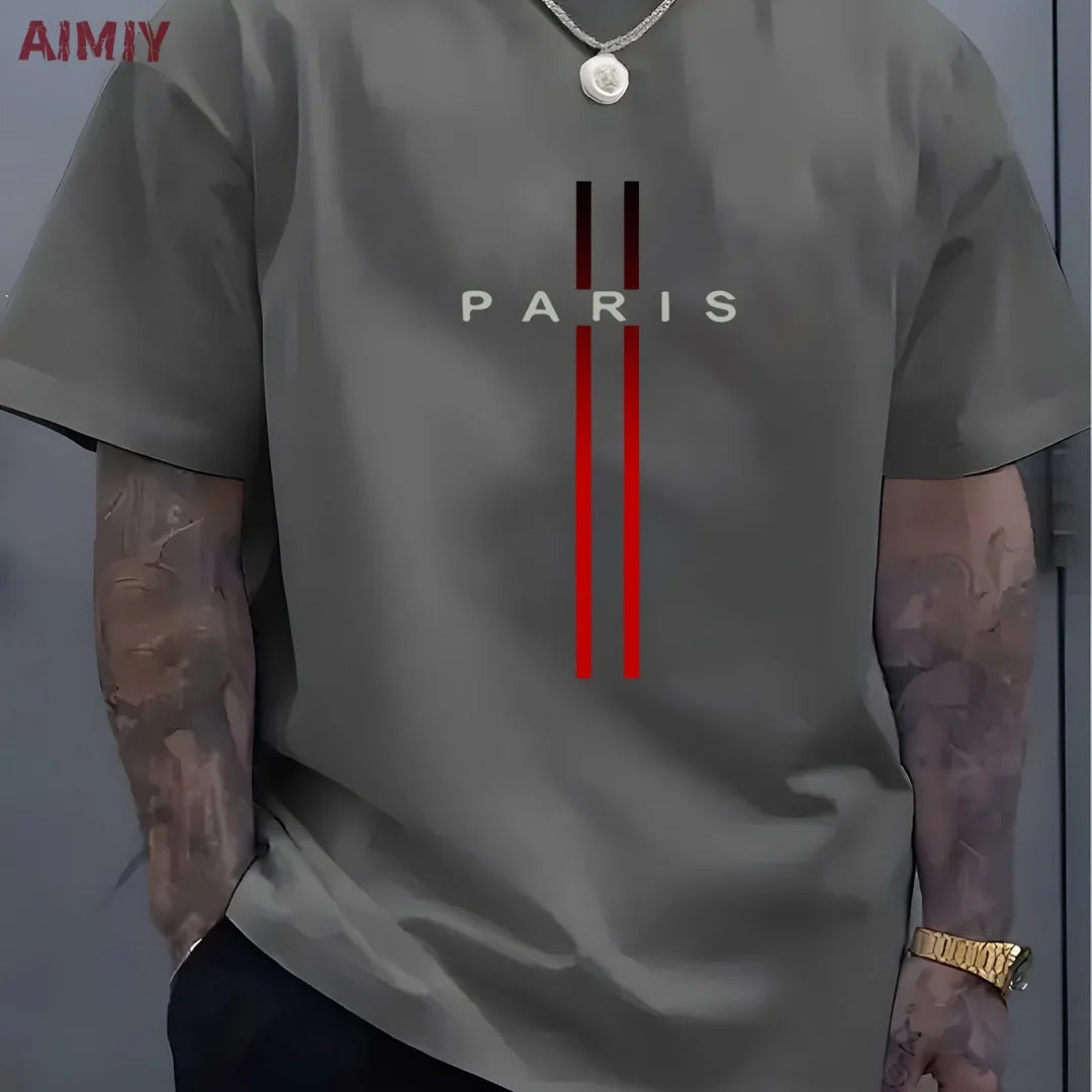 Summer Men's T-shirt Top Casual Loose Fit Oversized T-shirt PARI Letter Pattern Printed Round Neck Short Sleeved Homme Vêtement - Free Item.