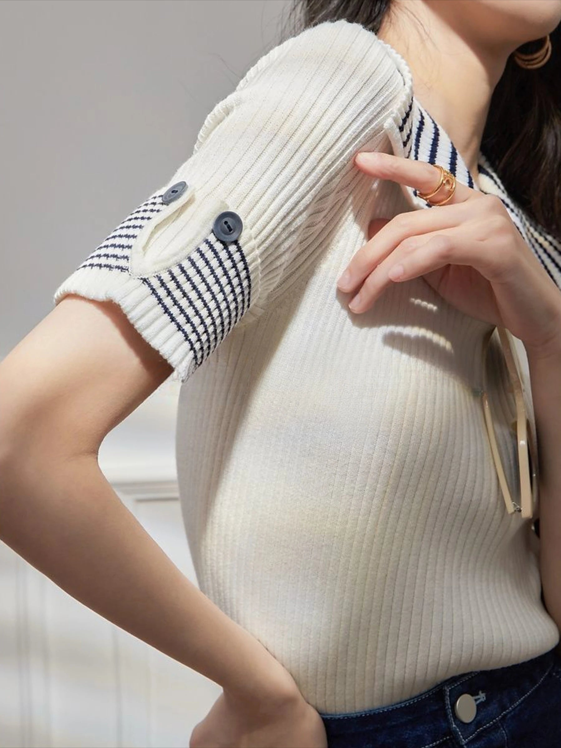 Polo Neck Shirts For Women Black White Short Sleeve Tee T-shirt Woman Clothing Tops Knit New Offer Trend Popular With Collar V