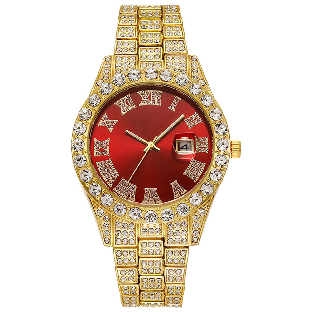 Hip Hop Luxury Men Calendar Watch Stainless Steel Gold Color Iced Out Paved Rhinestones Wristwatch Reloj Hombre