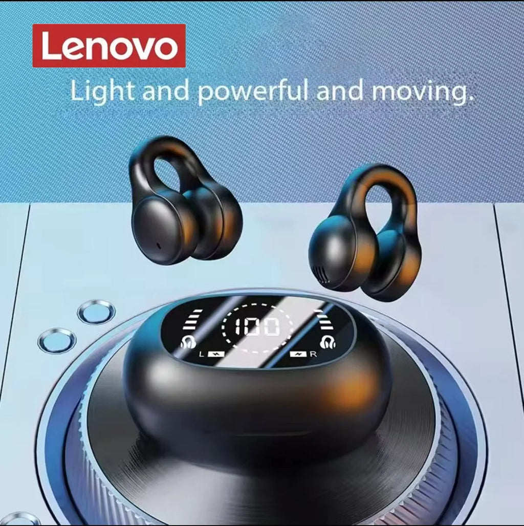 Lenovo Mirror Surface Digital Display Soft Silicone Ear Clip Wireless Bluetooth Headphones with Noise Reduction for Sports