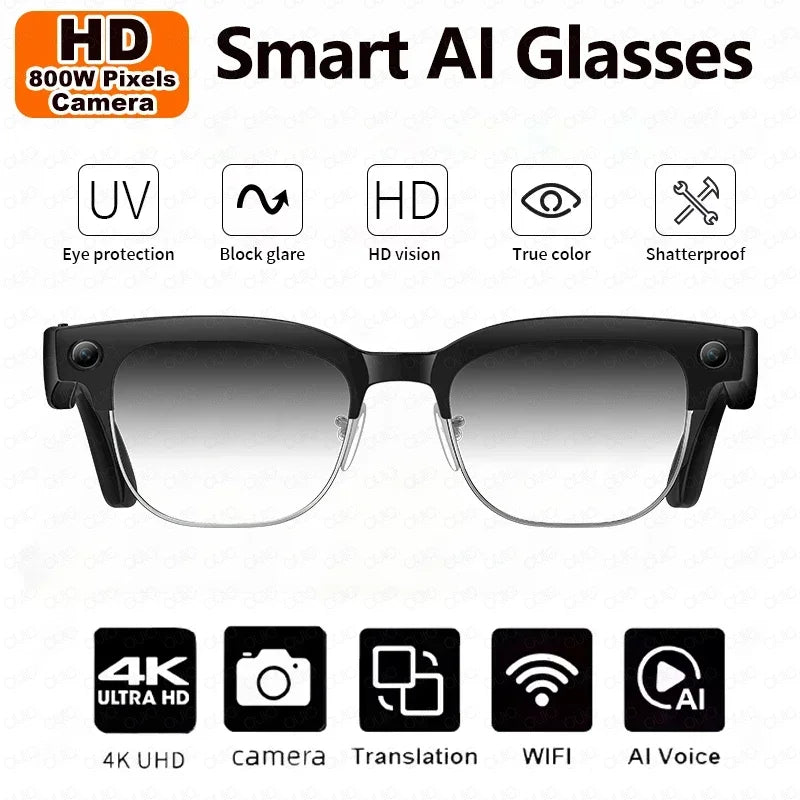 AI smart camera glasses 800W HD camera recording WIFI transmission AI voice assistant Bluetooth call IP66waterproof smartglasses