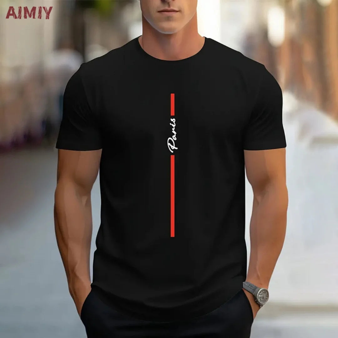 Summer Men's T-shirt Top Casual Loose Fit Oversized T-shirt PARI Letter Pattern Printed Round Neck Short Sleeved Homme Vêtement - Free Item.
