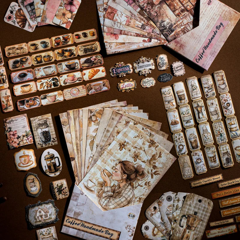 1pack/2pack Coffee Journal Kit Series  CoffeeThemed Retro Journal Supply Kit Large Quantity 45 Sheets with 4 Styles
